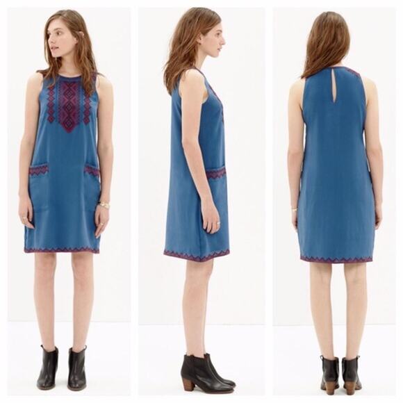 Madewell Dresses & Skirts - Madewell 100% Silk Boho Geometric Embroidered Shift Dress Blue Red Size L